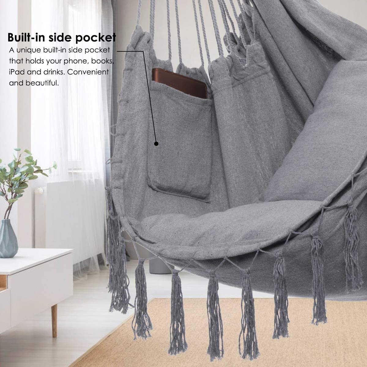 Hammock Chair Hanging Rope Swing with Foot Rest Support - Max 500 Lbs (Grey)